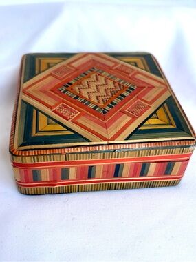 Small Vintage Jewelry Box Western Aztec Indian Handmade Red Orange Brown Green